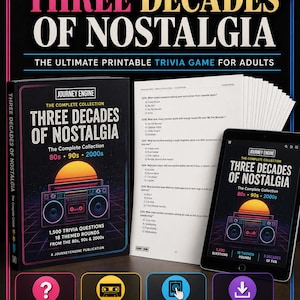 80s 90s 2000s Trivia Game | Printable Nostalgia Quiz for Adults | 1,500 Questions | Game Night & Reunion Party | Instant Download