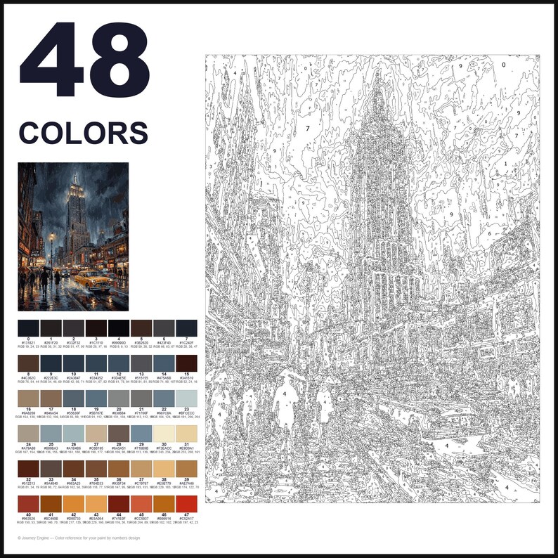 May include: A paint-by-numbers kit featuring a 48-colour palette and a numbered outline of a rainy New York City street scene with a skyscraper, yellow taxi, and pedestrians. The set includes a small reference image of the finished artwork.