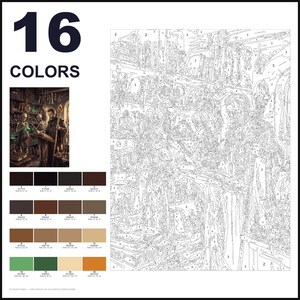 May include: A paint-by-numbers kit featuring a numbered outline of a wizard and skeletons in a library. The set includes a small color reference image, a large numbered canvas, and a palette of 16 distinct paint colors with RGB values.