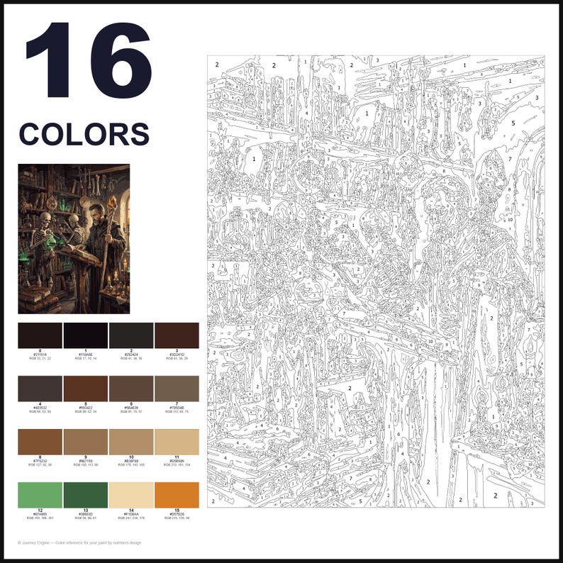 May include: A paint-by-numbers kit featuring a numbered outline of a wizard and skeletons in a library. The set includes a small color reference image, a large numbered canvas, and a palette of 16 distinct paint colors with RGB values.