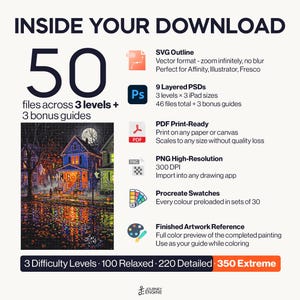 May include: A digital download package containing 50 files across 3 levels and 3 bonus guides. Includes SVG outlines, 9 layered PSDs, PDF print-ready files, high-resolution PNGs, Procreate swatches, and a finished artwork reference of a house at night.