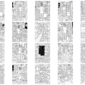 May include: A collection of twenty black and white line art illustrations depicting various scenes of individuals interacting with refrigerators and pantries filled with food items, containers, and kitchen supplies in a detailed, sketch-like style.