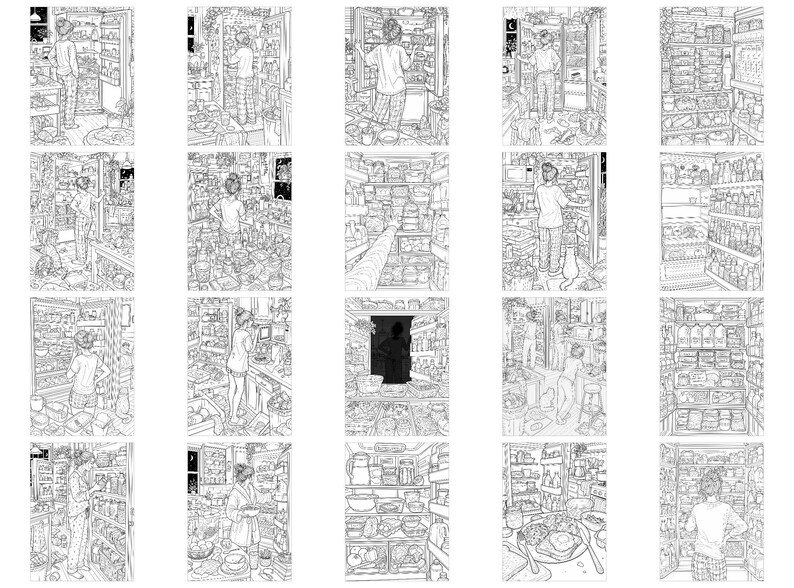 May include: A collection of twenty black and white line art illustrations depicting various scenes of individuals interacting with refrigerators and pantries filled with food items, containers, and kitchen supplies in a detailed, sketch-like style.