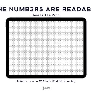 May include: A tablet screen displaying a dense grid of small black numbers on a white background. The text at the top reads THE NUMB3R5 ARE READABLE Here Is The Proof. Below the tablet, the text reads Actual size on a 12.9 inch iPad. No zooming.