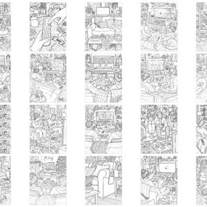 May include: A collection of twenty black and white line art illustrations depicting various indoor living room scenes. Each panel features people relaxing on sofas, watching television, using remote controls, and interacting with snacks and household items.