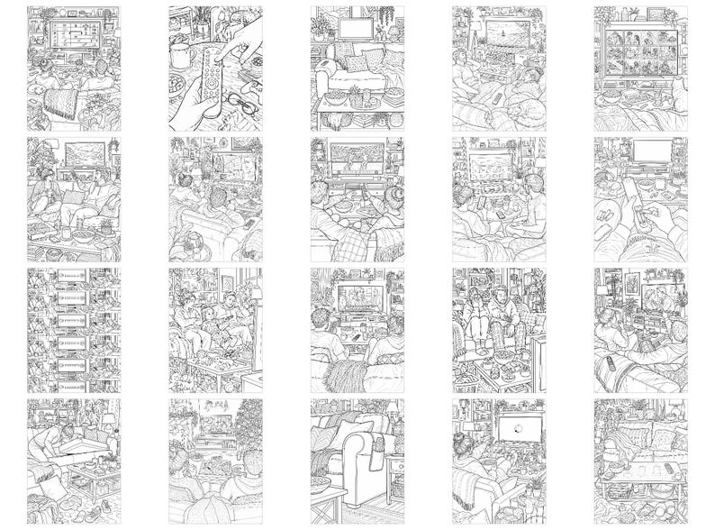 May include: A collection of twenty black and white line art illustrations depicting various indoor living room scenes. Each panel features people relaxing on sofas, watching television, using remote controls, and interacting with snacks and household items.