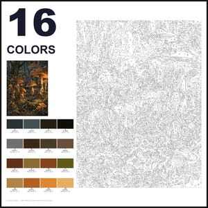 May include: A paint-by-numbers kit featuring a forest scene with mushrooms and small dwellings. The layout includes a large numbered outline canvas, a small color reference image, and a palette of 16 distinct paint colors labeled 1 through 16.