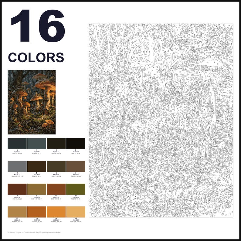 May include: A paint-by-numbers kit featuring a forest scene with mushrooms and small dwellings. The layout includes a large numbered outline canvas, a small color reference image, and a palette of 16 distinct paint colors labeled 1 through 16.