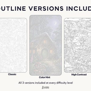 May include: Three paint-by-number templates labeled 3 OUTLINE VERSIONS INCLUDED. The left is a Classic light outline, the center is a Color Hint version showing a cottage in a forest, and the right is a High Contrast dark outline.