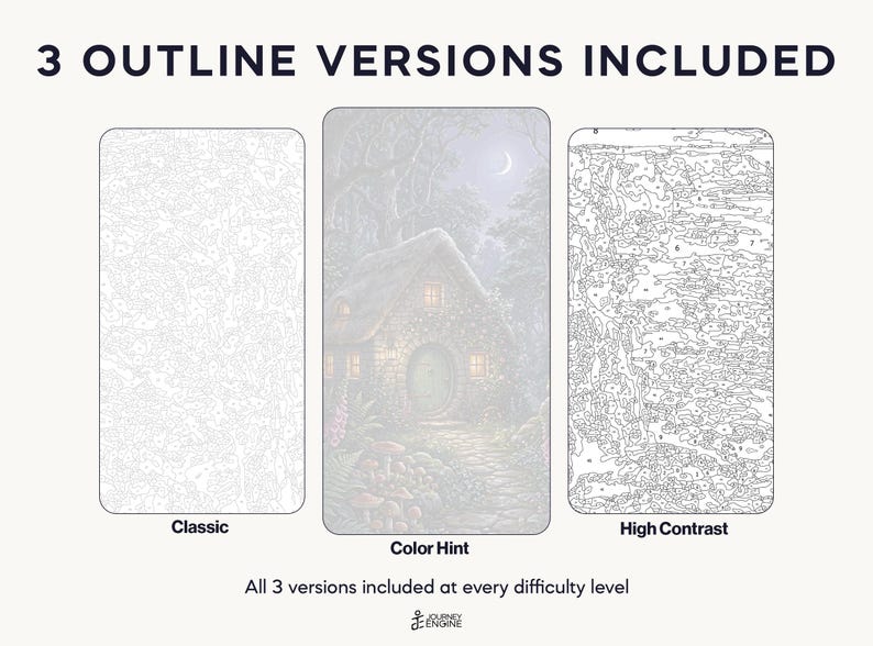 May include: Three paint-by-number templates labeled 3 OUTLINE VERSIONS INCLUDED. The left is a Classic light outline, the center is a Color Hint version showing a cottage in a forest, and the right is a High Contrast dark outline.