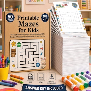 Peut inclure: Une pile de labyrinthes imprimables pour enfants, avec une boîte en carton affichant le titre "Printable Mazes for Kids". La boîte comprend le texte "50 Pages" et "Ages 2-6". Des crayons colorés, un arc-en-ciel et une carte "You Did It!" sont également visibles.
