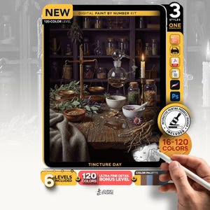May include: A digital paint by number kit titled Tincture Day featuring an apothecary scene with a brass scale, glass vials, herbs, and a candle on a wooden table. The kit includes 120 colors, 6 levels, and an interactive progress tracker.