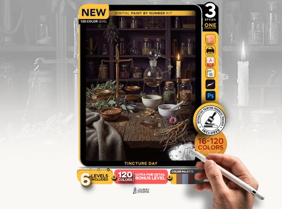Herbal Tincture paint by numbers digital kit, Witchy Herbalist Still Life Art