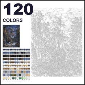 May include: A paint-by-numbers kit featuring a large outline of a sailing ship in a rocky cove. The set includes a small color reference image, a grid of 120 numbered color swatches with hex codes, and a large canvas with numbered sections.