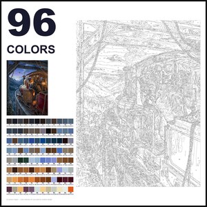 May include: A paint-by-numbers kit featuring a detailed line drawing of a steam locomotive traveling through a mountain landscape. The set includes a small color reference image and a grid of 96 distinct color swatches with hex codes.