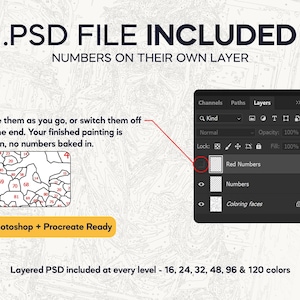May include: A digital graphic showing a PSD file interface with layers for numbers and coloring faces. Text includes .PSD FILE INCLUDED, NUMBERS ON THEIR OWN LAYER, Photoshop + Procreate Ready, and Layered PSD included at every level - 16, 24, 32, 48, 96 & 120 colors.