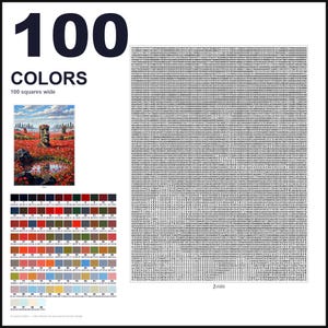 May include: A paint-by-numbers pattern featuring a grid of 100 squares wide, labeled 100 COLORS. It includes a reference image of a Moai statue in a poppy field, a numbered color palette with hex codes, and a large grid filled with numbers.