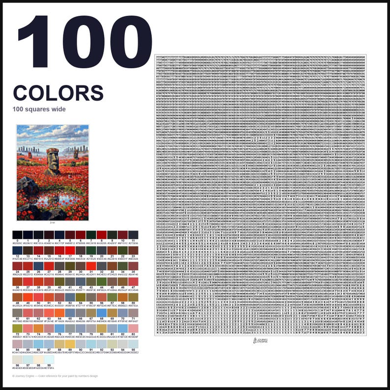 May include: A paint-by-numbers pattern featuring a grid of 100 squares wide, labeled 100 COLORS. It includes a reference image of a Moai statue in a poppy field, a numbered color palette with hex codes, and a large grid filled with numbers.