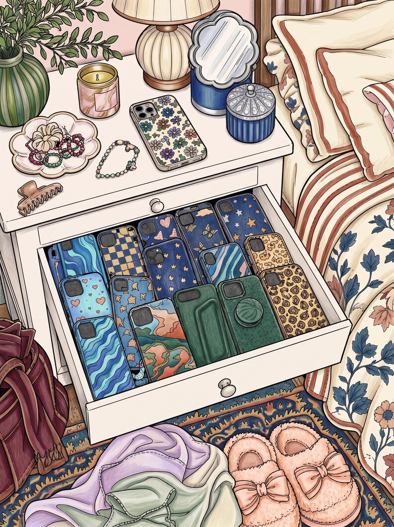 May include: A white bedside table with an open drawer containing a collection of patterned mobile phone cases. The surface of the table features a lamp, a candle, a small mirror, a lidded pot, and a dish holding hair accessories and beaded bracelets.