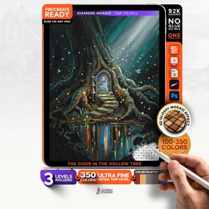 May include: A digital diamond mosaic art kit for iPad titled The Door in the Hollow Tree. The screen displays a dark tree with a blue door, stone steps, and a pond. Features include 92K squares, 350 colors, and a 3D glossy mosaic effect.