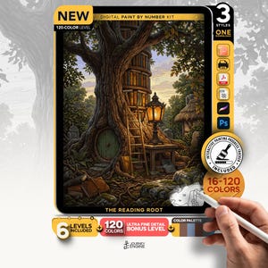 May include: A digital paint by number kit titled The Reading Root featuring a tree with a built-in library, a glowing lantern, and a ladder. The kit includes 120 colors, 6 levels, and an interactive progress tracker for digital painting.