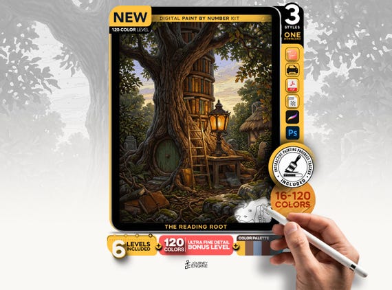Tree Library paint by numbers digital kit, Cozy Fantasy Book Lover Forest Art