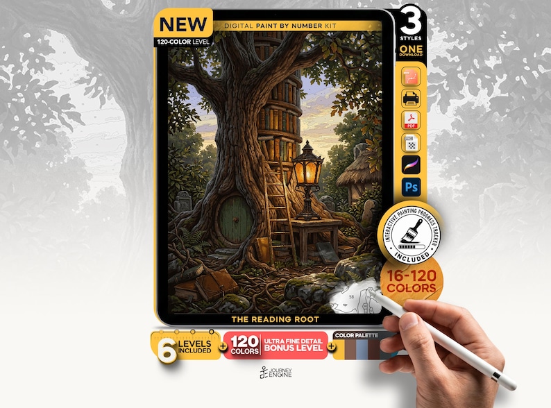 May include: A digital paint by number kit titled The Reading Root featuring a tree with a built-in library, a glowing lantern, and a ladder. The kit includes 120 colors, 6 levels, and an interactive progress tracker for digital painting.