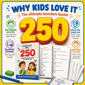 May include: A trivia book titled Ultimate Kids Trivia 250 Brain-Tickling Questions for Curious Kids, featuring an illustration of two children. The book is displayed with open pages showing questions about animals, sports, and games, alongside a green eraser.