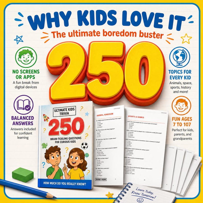May include: A trivia book titled Ultimate Kids Trivia 250 Brain-Tickling Questions for Curious Kids, featuring an illustration of two children. The book is displayed with open pages showing questions about animals, sports, and games, alongside a green eraser.