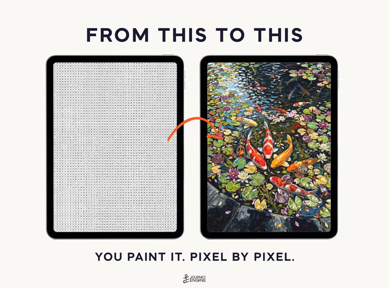 May include: Two digital tablets displaying a transformation process. The left screen shows a grid of small letters and numbers. The right screen displays a colorful painting of koi fish in a pond with lily pads. Text reads FROM THIS TO THIS and YOU PAINT IT. PIXEL BY PIXEL.