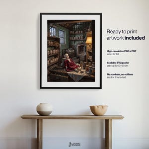 May include: A framed digital art print depicting a doll in a red dress sitting on a workbench in a cluttered workshop filled with shelves of doll heads, jars, and tools. Text on the right reads: Ready to print artwork included, High-resolution PNG + PDF sized for A3, Scalable SVG poster print up to 60x90 cm, No numbers, no outlines, just the finished art.