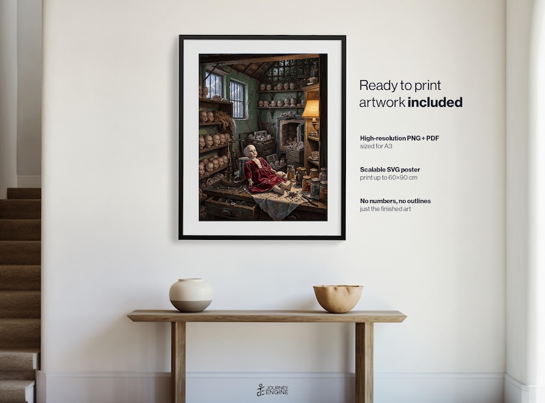 May include: A framed digital art print depicting a doll in a red dress sitting on a workbench in a cluttered workshop filled with shelves of doll heads, jars, and tools. Text on the right reads: Ready to print artwork included, High-resolution PNG + PDF sized for A3, Scalable SVG poster print up to 60x90 cm, No numbers, no outlines, just the finished art.