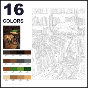 May include: A paint-by-number kit featuring a cat sleeping on a bookshelf next to a green banker lamp. The kit includes a numbered outline template, a small reference image, and a color palette with 16 distinct shades labeled 0 through 15.