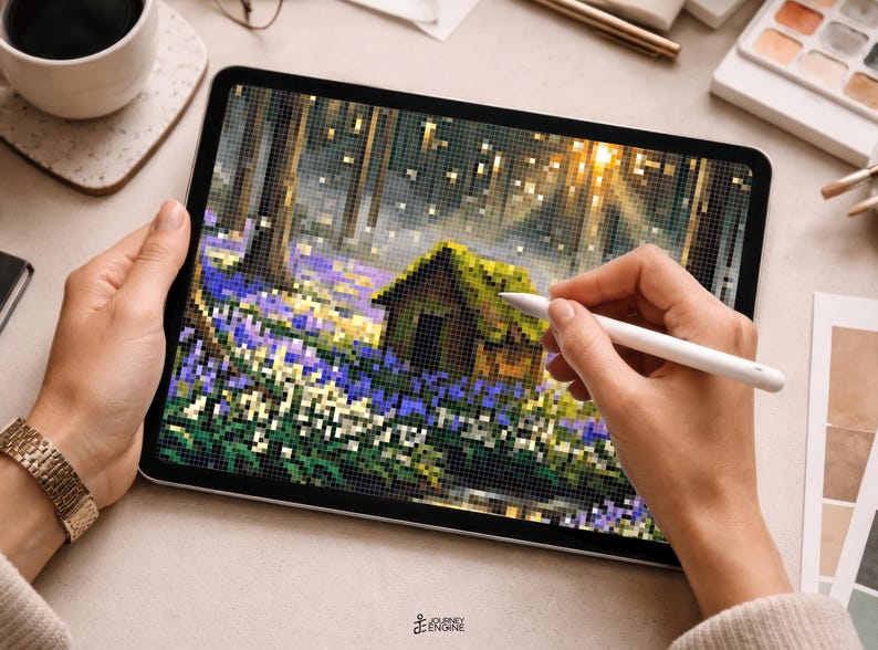May include: A digital tablet displaying a pixel art illustration of a small cabin nestled in a forest clearing filled with purple and white flowers. The screen shows a grid-based landscape with trees, sunlight filtering through, and a small structure.