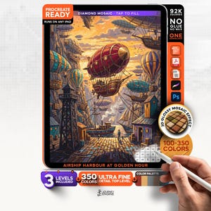 May include: A digital tablet displaying a Procreate-ready diamond mosaic art project titled Airship Harbour at Golden Hour. The screen shows a harbor scene with airships, a lighthouse, and buildings. Includes icons for file formats and 350 colors.
