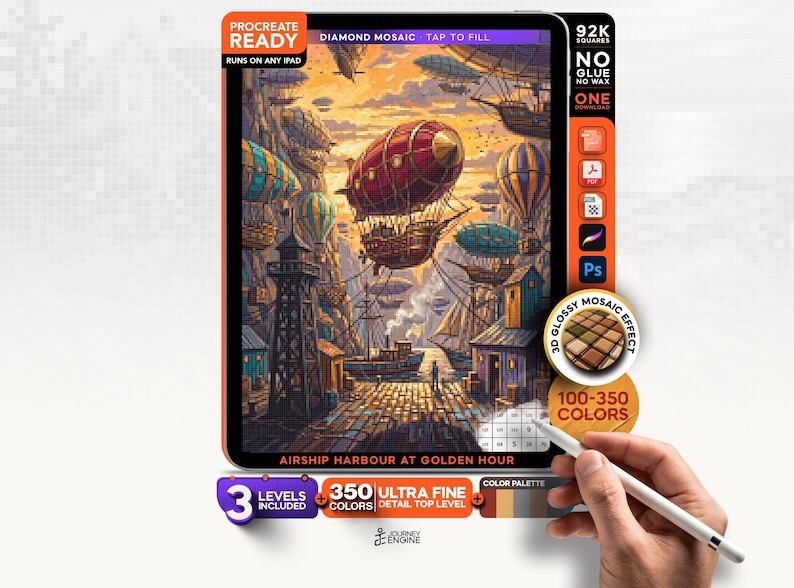 May include: A digital tablet displaying a Procreate-ready diamond mosaic art project titled Airship Harbour at Golden Hour. The screen shows a harbor scene with airships, a lighthouse, and buildings. Includes icons for file formats and 350 colors.