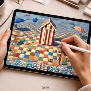 May include: A digital tablet displaying a pixelated beach scene with a central red and white striped beach hut, a checkered sand pattern, blue umbrellas, and a small figure. The screen shows a colorful mosaic-style artwork with a textured sea edge.