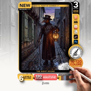 May include: A digital paint by number kit titled The Night Round featuring a plague doctor in a dark cobblestone alleyway holding a lantern. The kit includes 120 colors, 6 levels, 3 styles, and an interactive painting progress tracker.