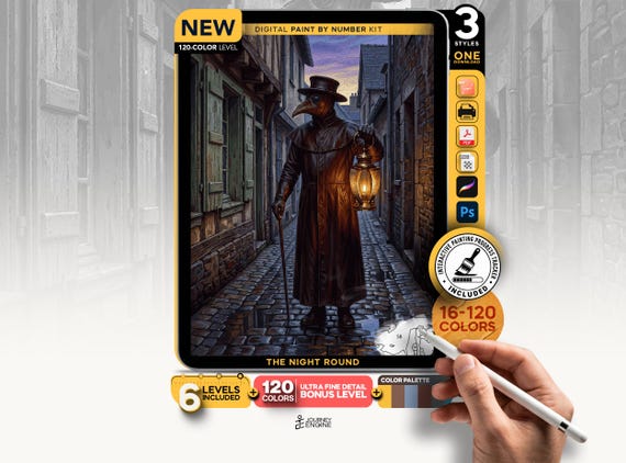 Plague Doctor paint by numbers digital kit, Gothic Medieval Alley Horror Art