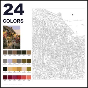 May include: A paint-by-numbers kit featuring a cottage scene with a thatched roof, a white picket fence, and flowers. The kit includes a numbered outline template, a small reference image, and a palette of 24 colors with RGB values.