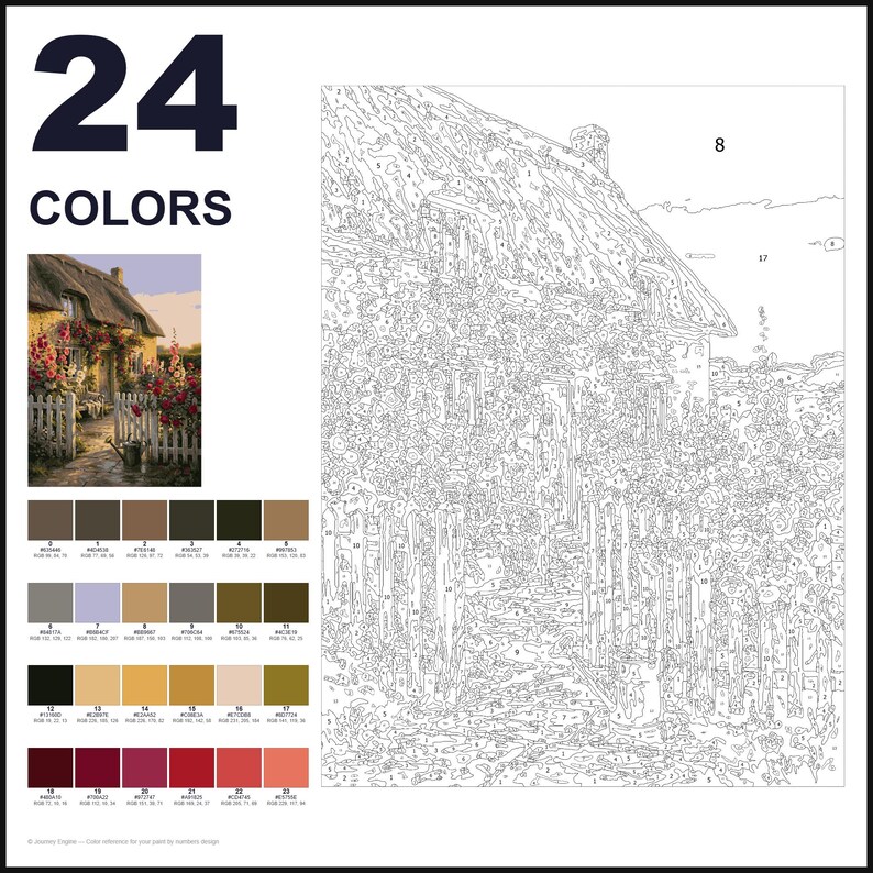 May include: A paint-by-numbers kit featuring a cottage scene with a thatched roof, a white picket fence, and flowers. The kit includes a numbered outline template, a small reference image, and a palette of 24 colors with RGB values.