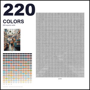 May include: A paint-by-numbers canvas featuring a grid of 220 colors, a small reference image of a coffee shop interior, and a large blank gray grid measuring 220 squares wide. The layout includes numbered color swatches for painting.