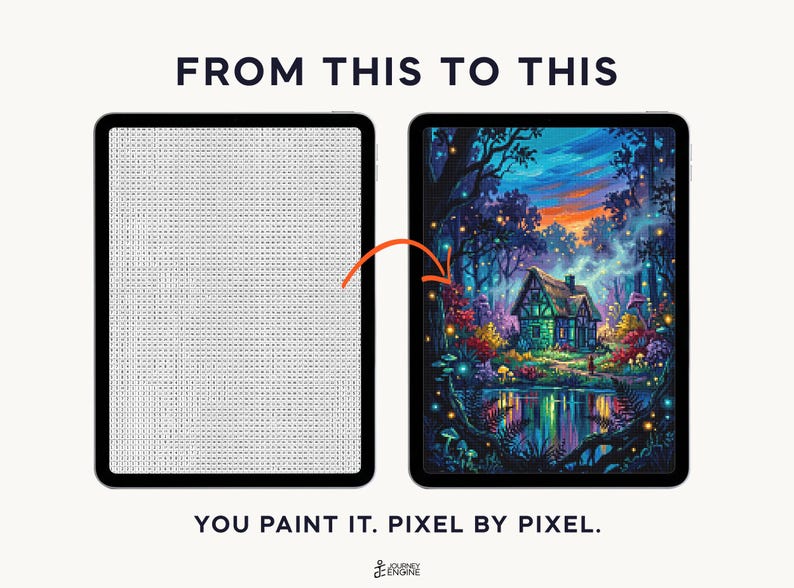 May include: Two tablets displaying a digital paint-by-number activity. The left tablet shows a grid of letters, while the right tablet shows a colorful forest scene with a cottage by a pond. Text reads: FROM THIS TO THIS. YOU PAINT IT. PIXEL BY PIXEL.
