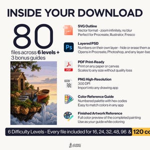 May include: A digital download package containing 80 files across 6 levels and 3 bonus guides. Includes SVG, layered PSD, PDF, PNG, color reference, and finished artwork reference. Features a landscape illustration of a hut and boat on a cliff.
