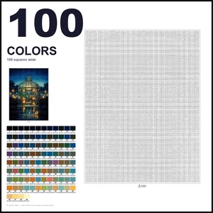 May include: A paint-by-numbers design featuring a large grid of 100 squares wide, a reference image of a glowing greenhouse at night, and a color palette chart with 100 numbered swatches, each labeled with its corresponding hex color code.