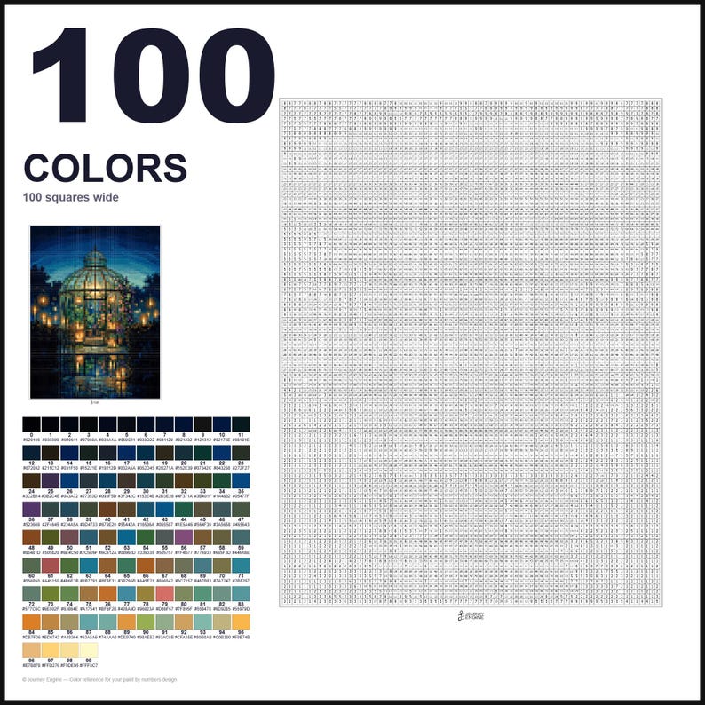 May include: A paint-by-numbers design featuring a large grid of 100 squares wide, a reference image of a glowing greenhouse at night, and a color palette chart with 100 numbered swatches, each labeled with its corresponding hex color code.