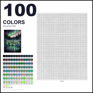 May include: A paint-by-numbers kit featuring a large grid with 100 squares wide, a reference image of a forest scene with aurora borealis, and a color palette chart with 100 numbered swatches, each labeled with its corresponding hex color code.