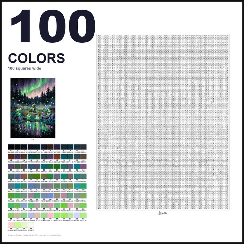 May include: A paint-by-numbers kit featuring a large grid with 100 squares wide, a reference image of a forest scene with aurora borealis, and a color palette chart with 100 numbered swatches, each labeled with its corresponding hex color code.