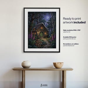 May include: A framed digital print of a stone cottage with a round green door in a dark forest under a crescent moon. Text reads: Ready to print artwork included, High-resolution PNG + PDF sized for A3, Scalable SVG poster print up to 60x90 cm.
