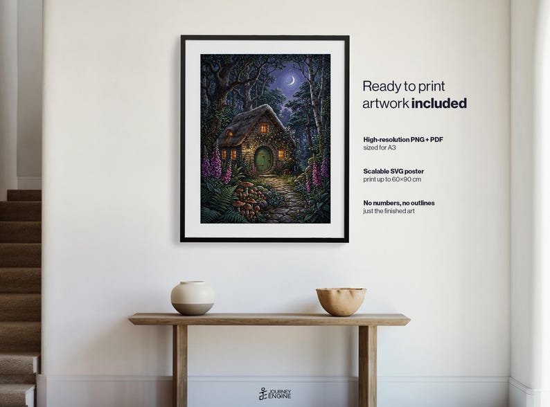 May include: A framed digital print of a stone cottage with a round green door in a dark forest under a crescent moon. Text reads: Ready to print artwork included, High-resolution PNG + PDF sized for A3, Scalable SVG poster print up to 60x90 cm.